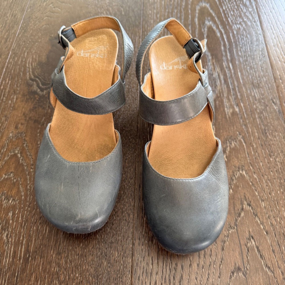 Dansko Allina Grey Leather Cutout Wood Wedge Mary Jane Clog Sandals 36